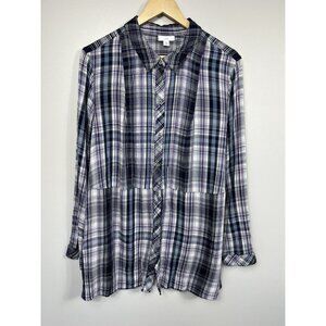 J Jill Top Womens 2X Purple Plaid Button Down Long Sleeve Tunic